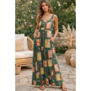 Paper Heart Anthropologie Midi Dress M Green Cocktail Print Boho Summer V Neck